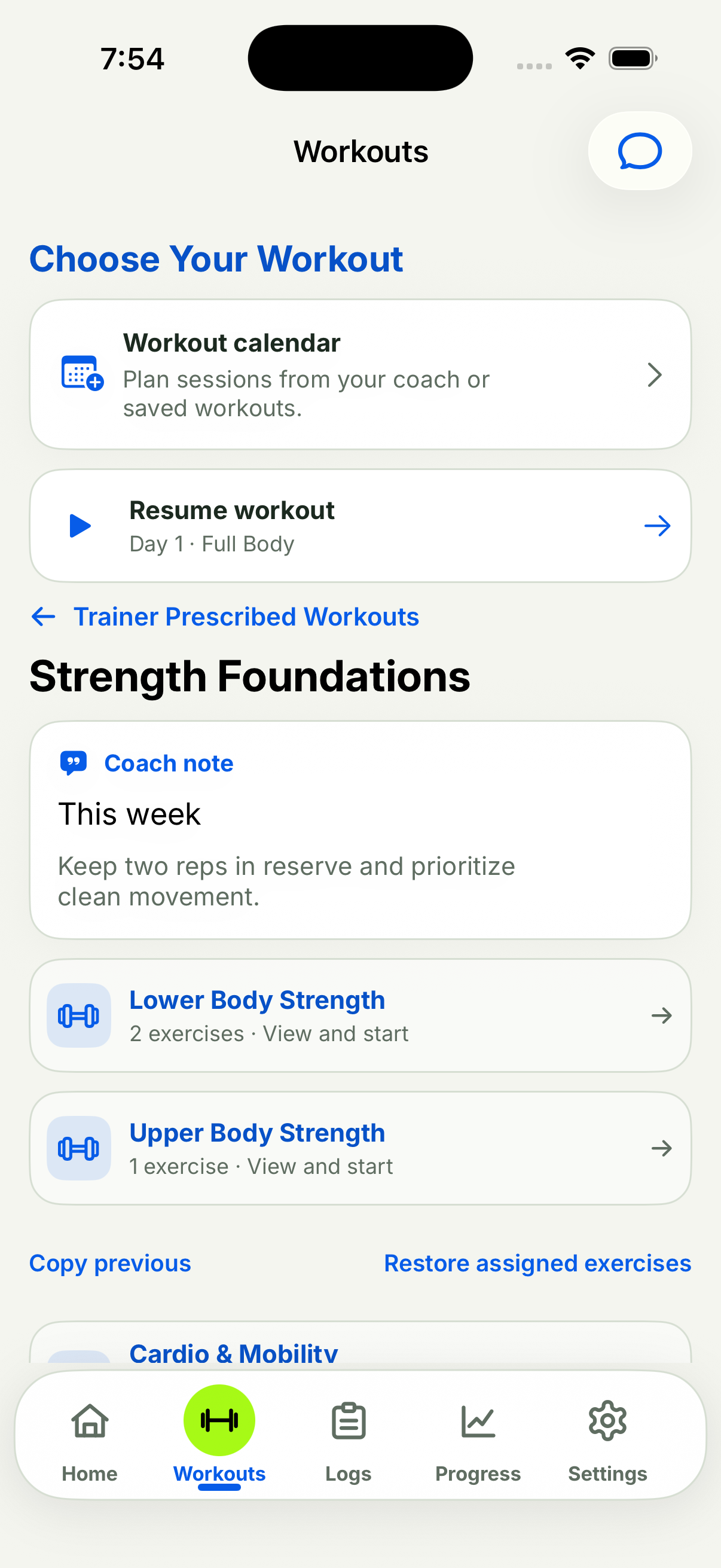 Current FWB Training iPhone coach plan screen showing a coaching note and assigned strength workouts