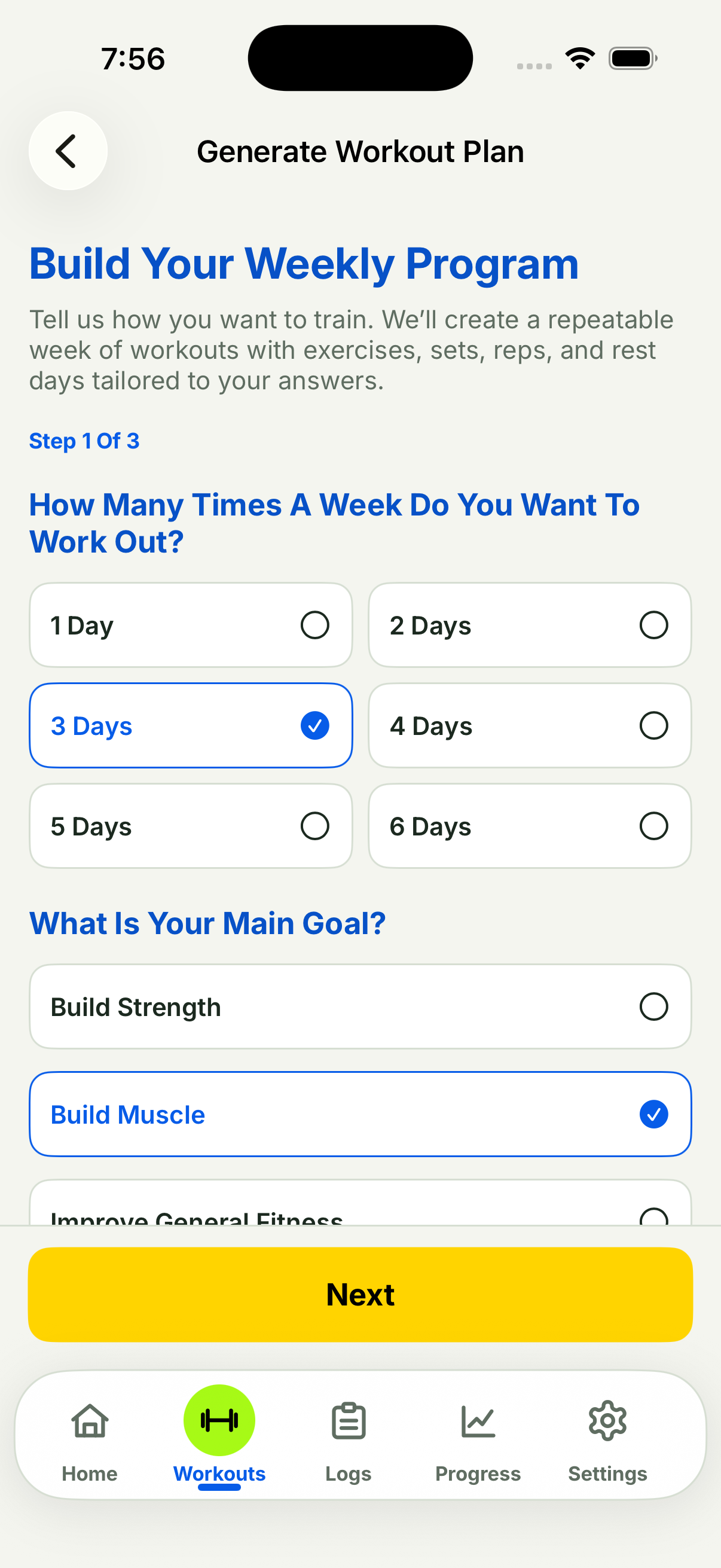 Current FWB Training iPhone weekly workout generator asking about training days and goals
