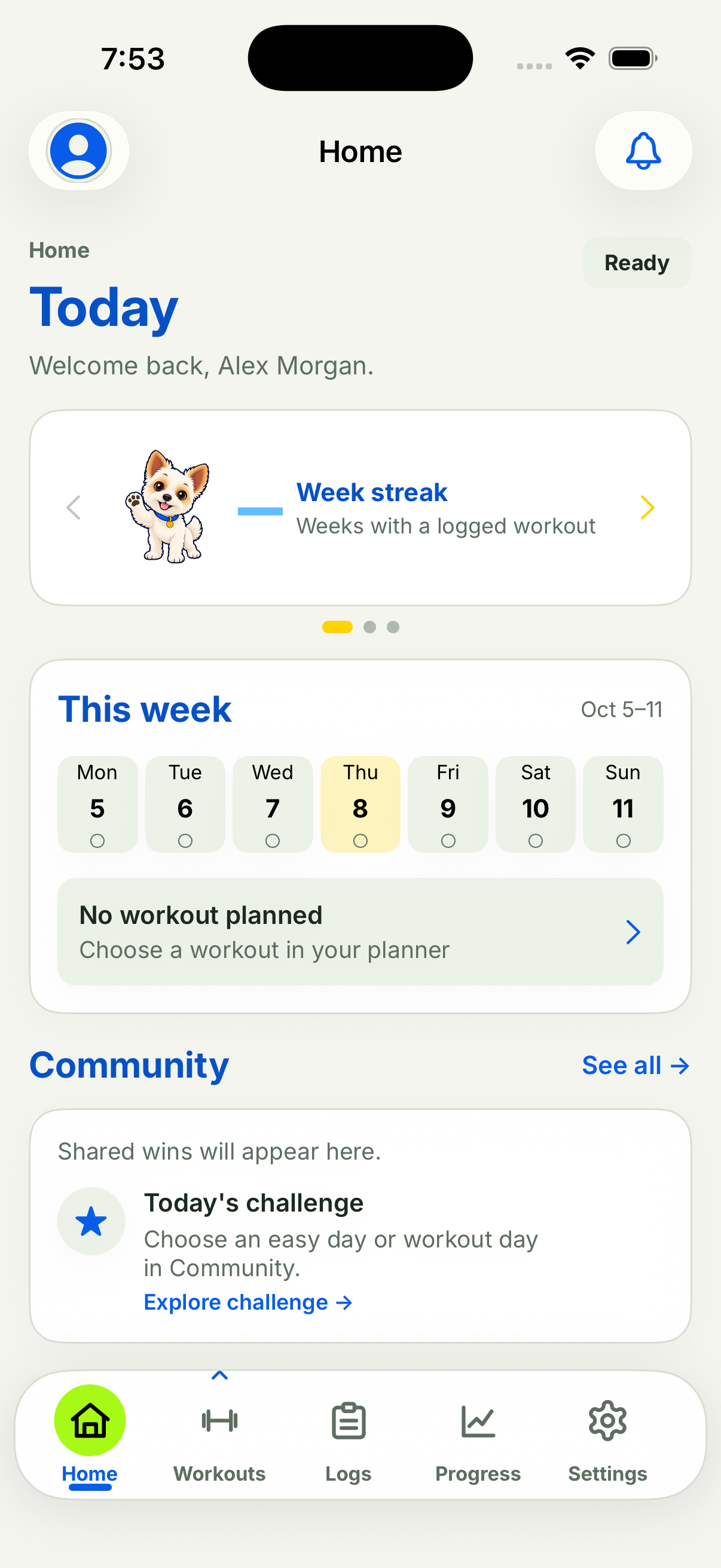 Current FWB Training iPhone Home screen with the week planner, Atari, and Community