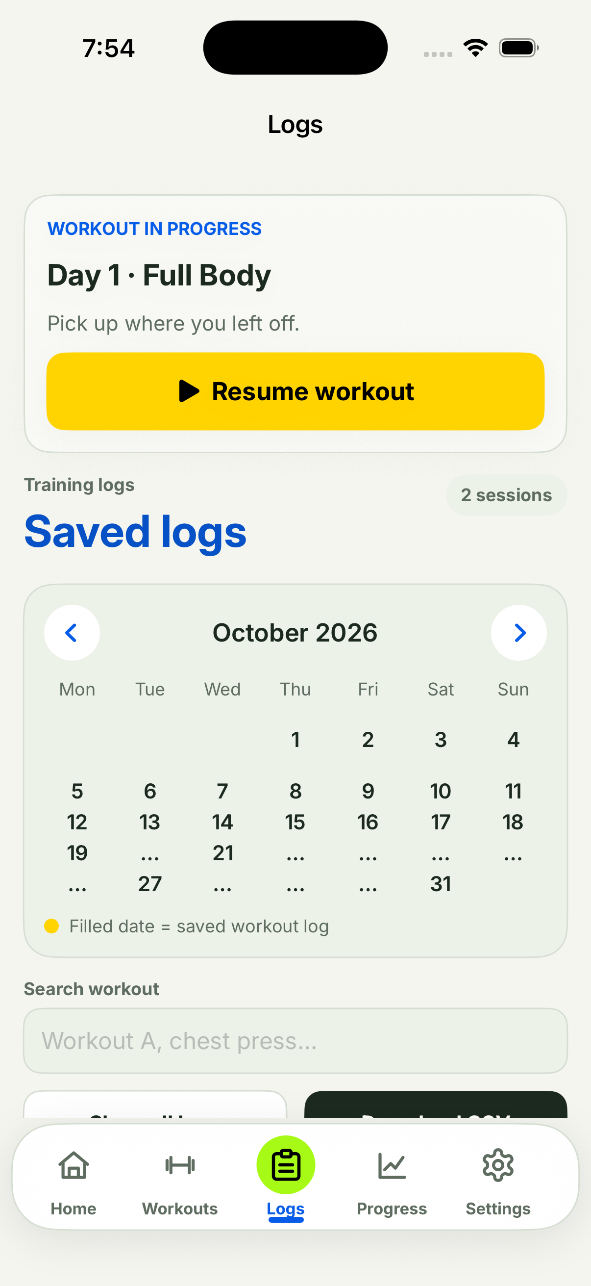 Current FWB Training iPhone Logs screen with a workout in progress and saved workout calendar
