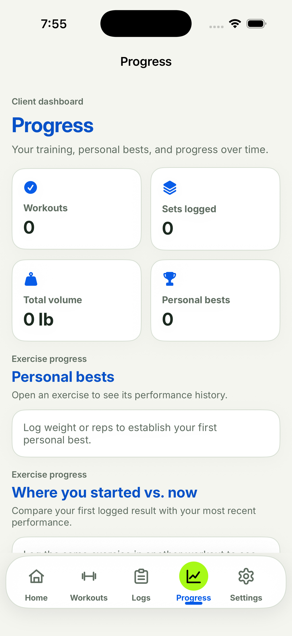 Current FWB Training iPhone Progress screen with workouts, sets, volume, and personal-best metrics