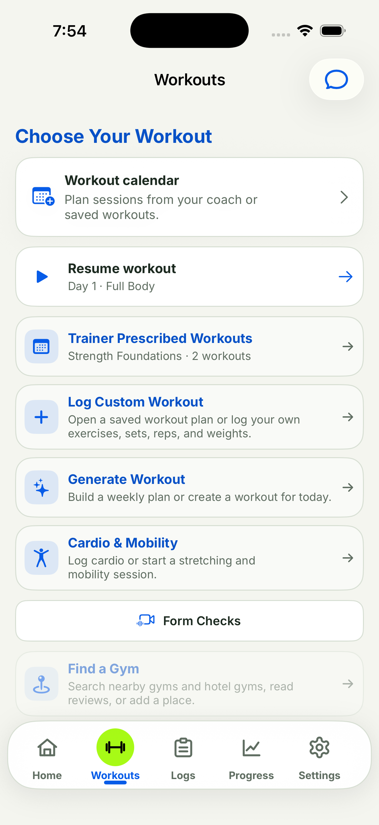 Current FWB Training iPhone Workouts screen with coach plans, custom workouts, workout generation, and mobility